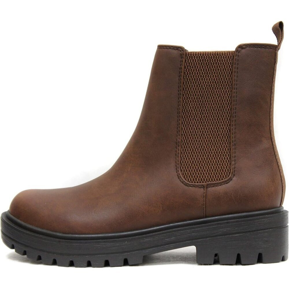 Women Dark Tan Lug Sole Low Chunky Heel Chelsea Double Elastic Ankle Booties